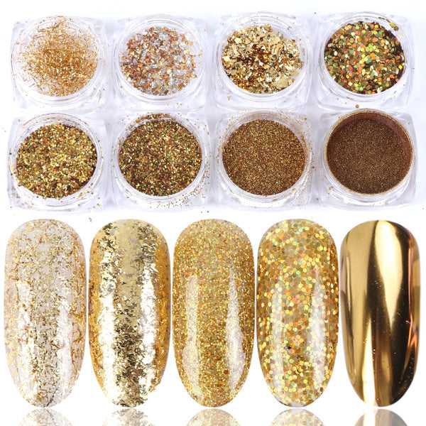 8-box mix glitter nail art powder flakes set in assorted shimmering colors for nail decoration