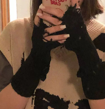 Black tattered punk fingerless cuff knit gloves, unisex pair