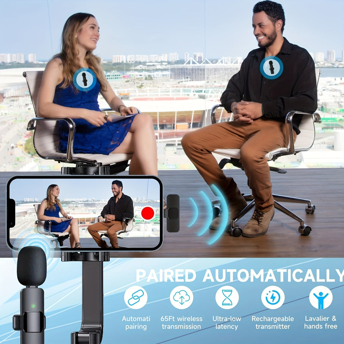 Wireless lavalier lapel microphone for iPhone and iPad, clip-on omnidirectional condenser mic with receiver