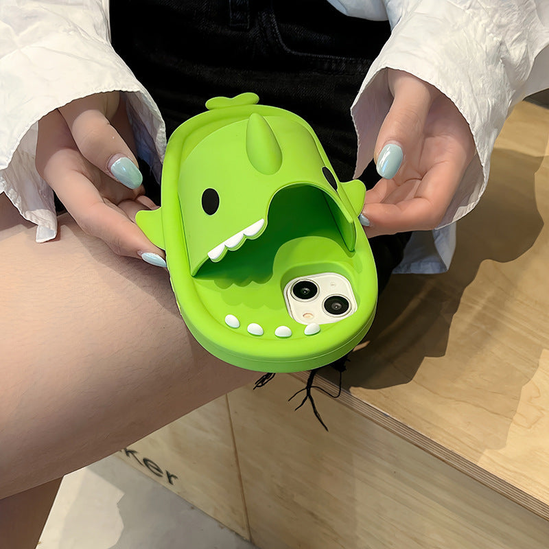 Funny shark slipper silicone phone case for iPhone 11–14 Pro Max, soft shockproof full-cover design