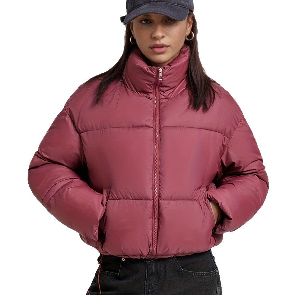 Stand-collar cotton-padded puffer coat for petite figures in a quilted design