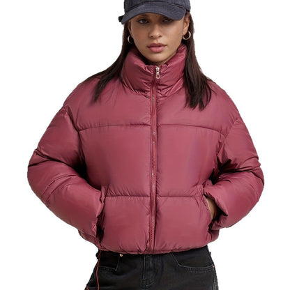 Stand-collar cotton-padded puffer coat for petite figures in a quilted design