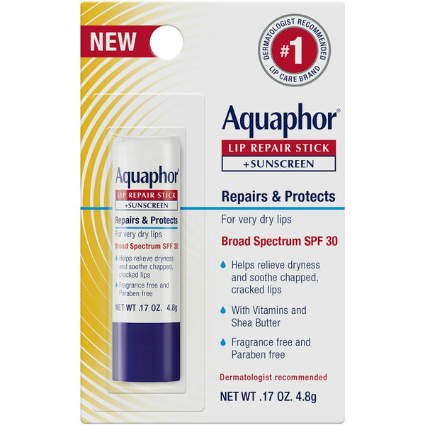 Aquaphor Lip Repair Stick with SPF 30 by Pasteur Pharmacy, showing the .17 oz sunscreen stick for lips and sun protection.