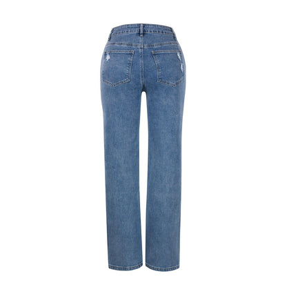 Women's loose-fit straight-leg ripped high-elastic jeans by My Store