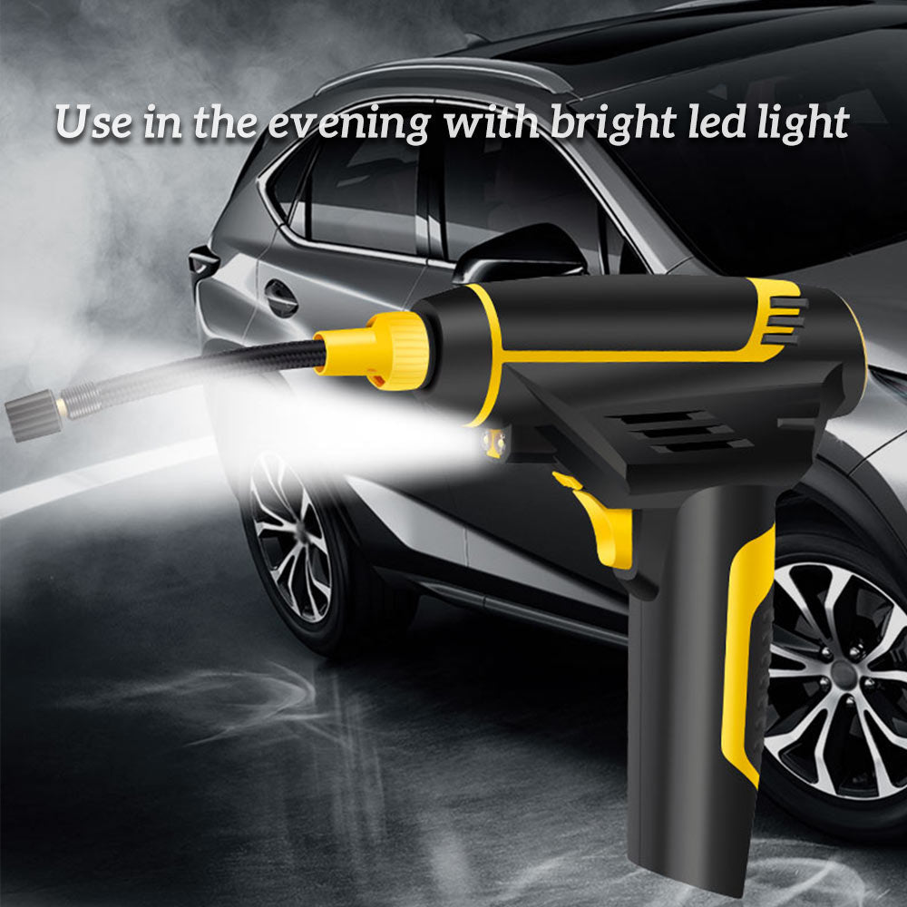 Car tire inflation pump displayed against a plain background