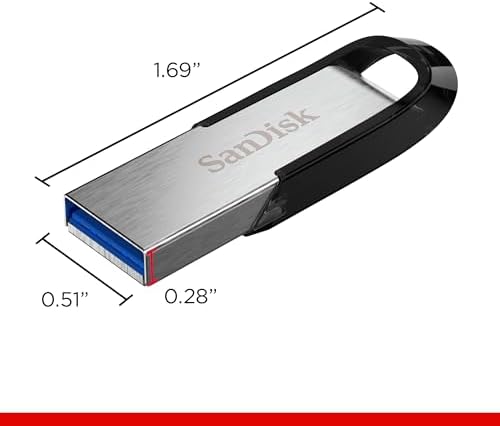 SanDisk 128GB Ultra Flair USB-A flash drive with BackupMyFilesNow® branding, featuring a compact design and up to 150MB/s read speed.
