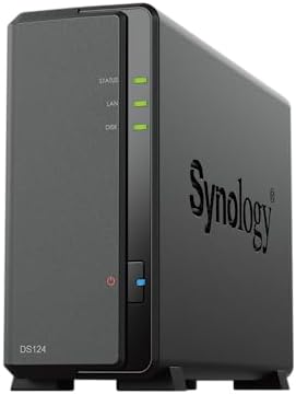 Synology DS124 diskless NAS with front panel ports, ideal for personal backup, file sharing, and home surveillance storage.