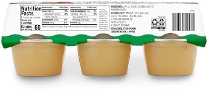 Six unsweetened apple sauce cups by Amazon Grocery, 4 oz each, featuring clear packaging and fresh apple sauce inside.