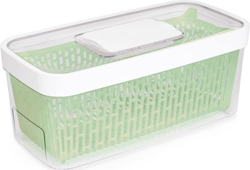 Large white OXO Good Grips GreenSaver produce storage container for fresh fruits and vegetables, designed to keep produce fresh longer.