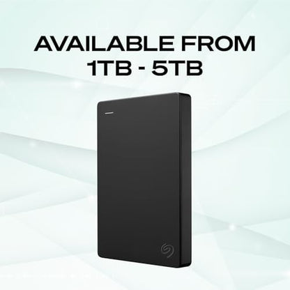 Seagate Portable 1TB external hard drive by BACKUPMYFILESNOW® in black, USB 3.0, compatible with PC, Mac, PlayStation, and Xbox.