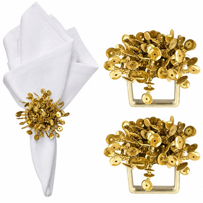 Maison Charlo gold flower and noir sequin napkin rings set of 2, elegant decorative accessories for table settings