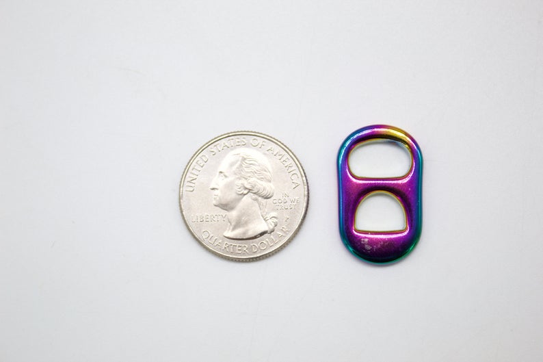 18K gold filled holographic soda pull tab pendant by MIA Jewelry with iridescent, reflective finish.