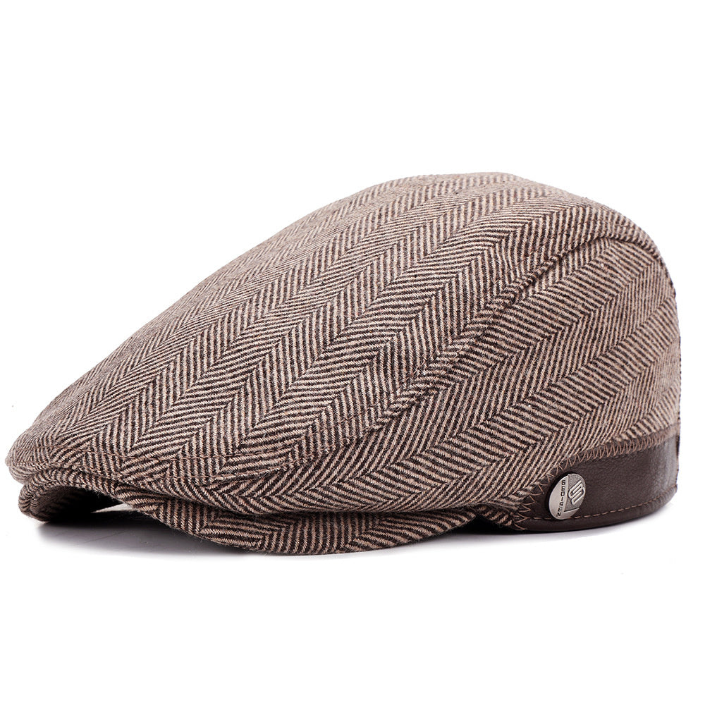 Woolen beret with herringbone pattern and adjustable fit, shown in a classic flat cap style