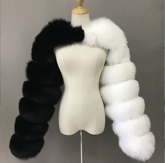 Women's short artificial fur coat in soft fake fur, front view