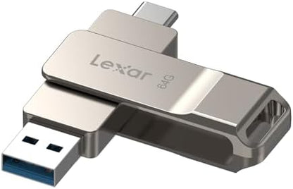 Lexar D40E 128GB dual USB 3.2 Gen 1 Type-C jump drive in champagne silver, showing sleek metallic design and USB ports.