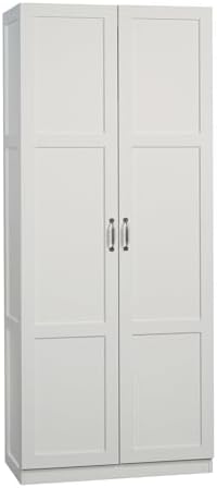 White Sauder Select storage cabinet or pantry cabinet with shelves for organizing snack chips and kitchen essentials.