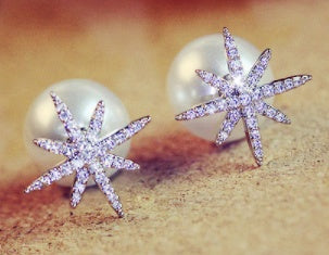 Zircon snow pearl double-sided earrings, featuring sparkling zircon accents and white pearl details