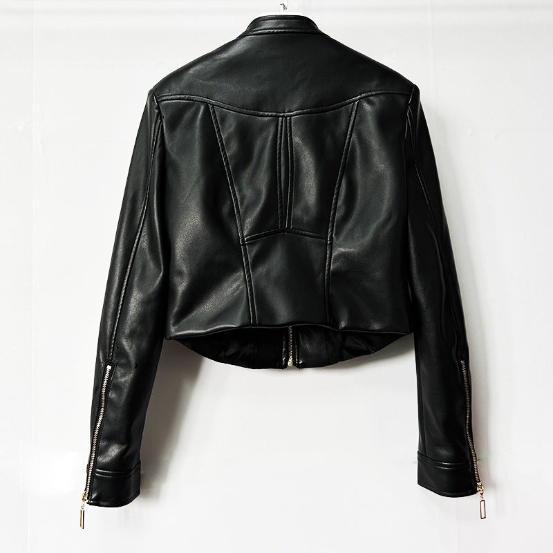 Heavy-duty PU leather moto-style cropped jacket with stand collar and zip front