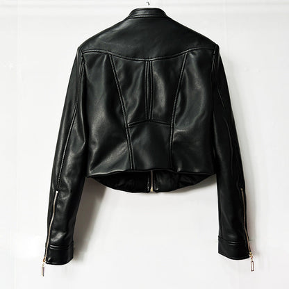 Heavy-duty PU leather moto-style cropped jacket with stand collar and zip front