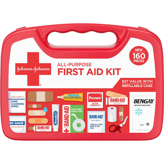 Johnson & Johnson All-Purpose First Aid Kit with 160 pieces, containing bandages, antiseptic wipes, and first aid supplies.