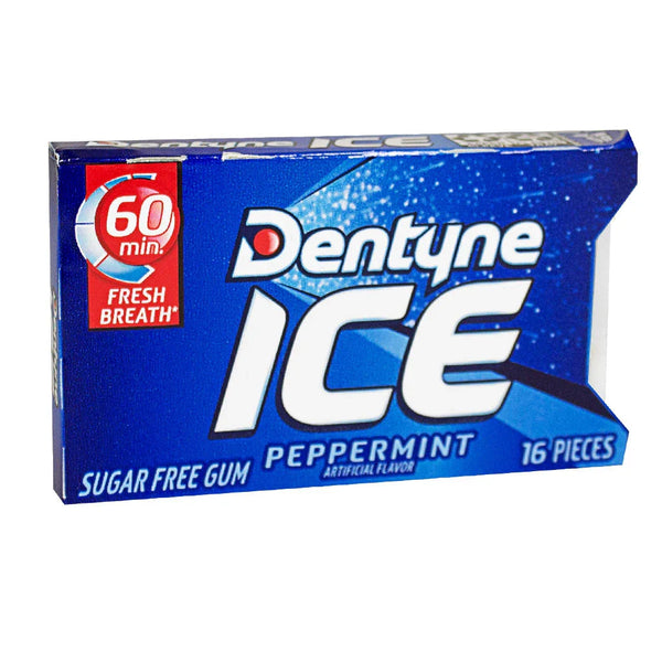 Dentyne Ice Peppermint chewing gum pack with 16 pieces, showing the front of the candy package.