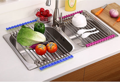 Folding stainless steel kitchen drain sink rack by My Store folded over a sink basin