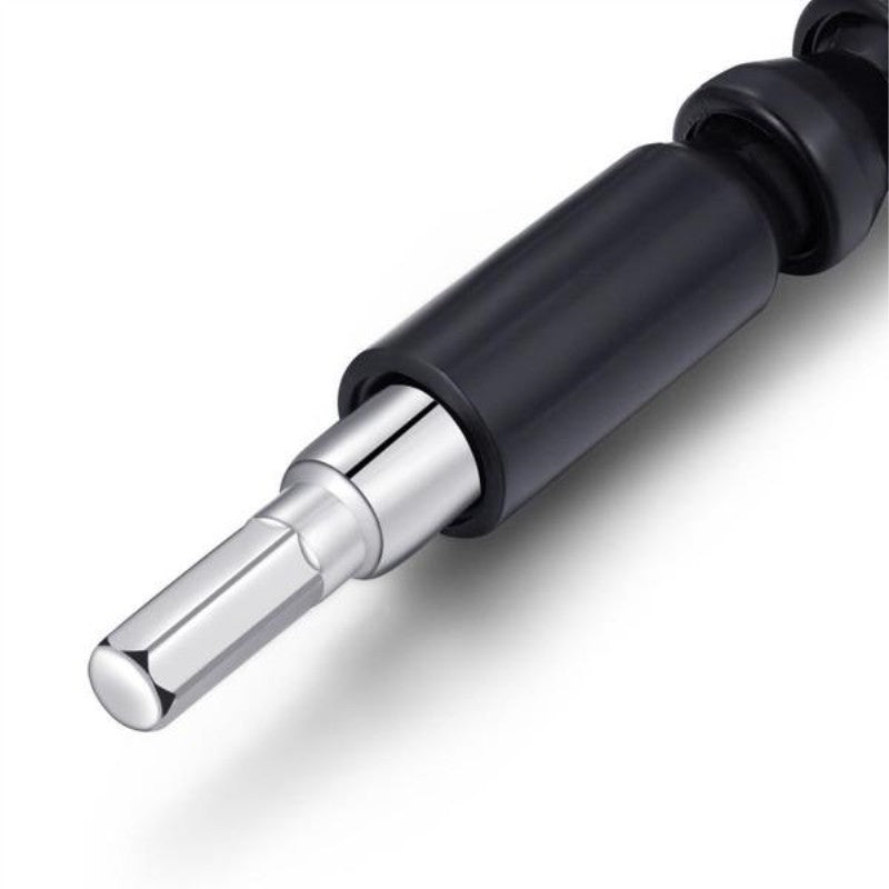 Flexible shaft drill bit holder, featuring a bendable shaft for angled drilling and screwdriver access