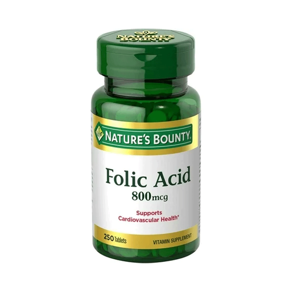 Nature's Bounty Folic Acid 800 mcg vitamin supplement bottles, 250 tablets, for daily health and prenatal support.