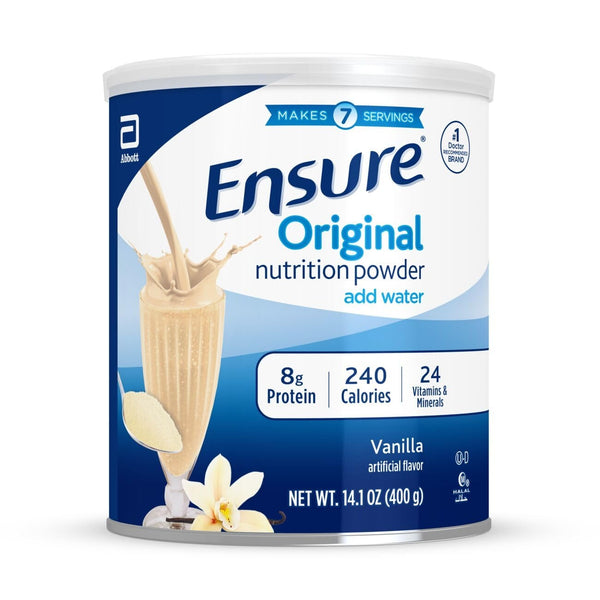 Ensure Original Nutrition Powder in vanilla flavor, displayed in six cans, for balanced fitness and nutrition support.