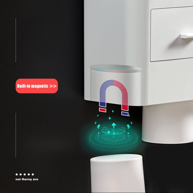 Non-marking hanging magnetic toothbrush holder with single drawer storage and toothpaste squeezer toiletry set
