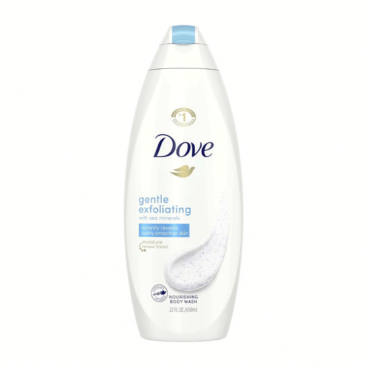 Dove Gentle Exfoliate Body Wash with Sea Minerals in a 20 Fl Oz bottle, featuring a creamy texture and sea mineral ingredients.