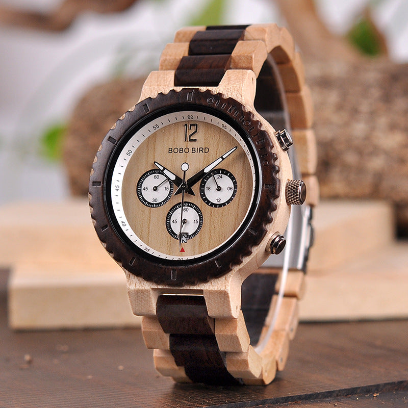 Classic wooden analog quartz watch with round dial and minimalist design	gbc