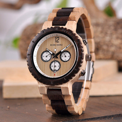 Classic wooden analog quartz watch with round dial and minimalist design	gbc