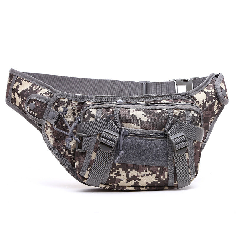 Waterproof Oxford cloth multi-functional waist bag in black, showing multiple zippered compartments and adjustable strap