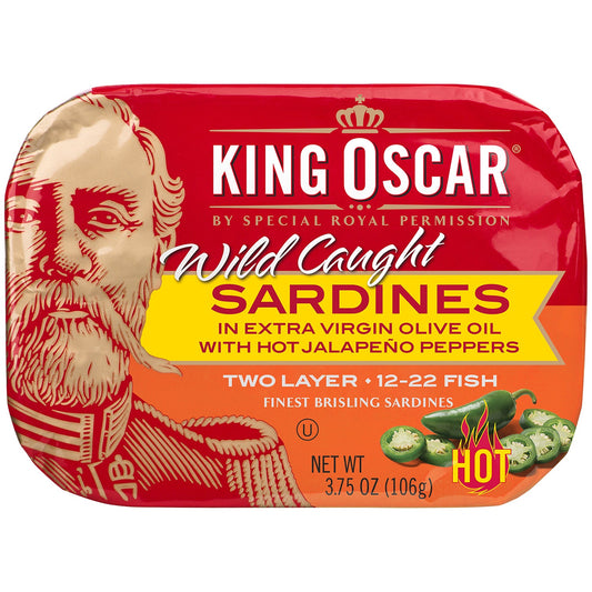 King Oscar Sardines, In Extra Virgin Olive Oil With Hot Jalapeno Peppers, Wild Caught 3.75 Oz
