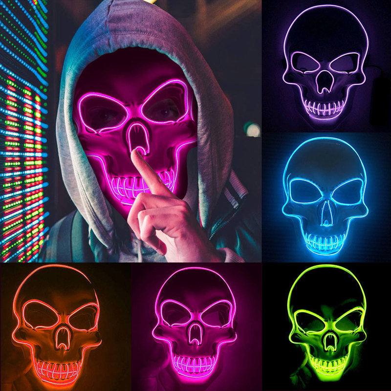 LED glow Halloween skeleton mask with scary skull design, front view