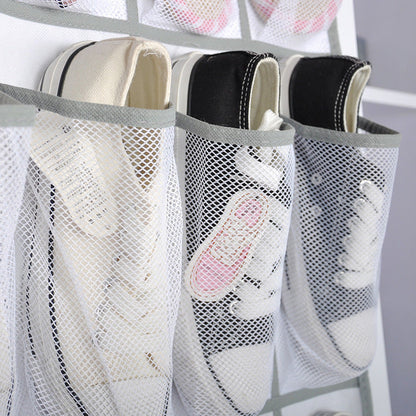 24-pocket shoe space door hanging storage rack in white fabric with multiple clear pockets