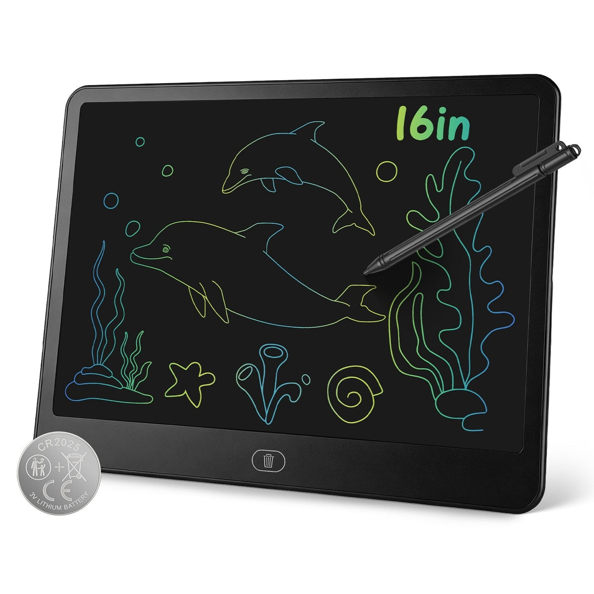 GBruno Store LCD writing tablet for kids with stylus and lock function, showing a colorful digital drawing on the screen.