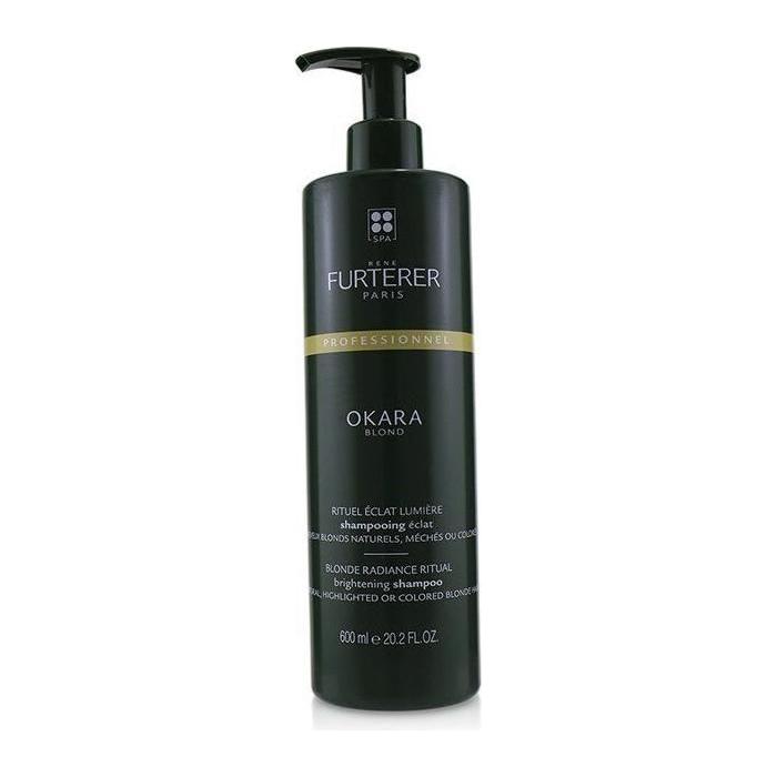 Rene Furterer OKARA BLOND brightening shampoo bottle, 600ml, with sleek packaging and product label visible.