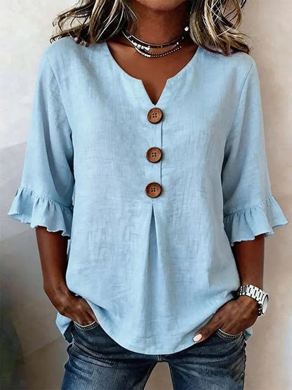Women's V-neck cotton linen button-up shirt with short sleeves in a solid color