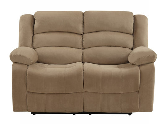Beige microfiber manual reclining loveseat with plush cushions and armrests, stylish and comfortable for living room seating.