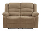 Beige microfiber manual reclining loveseat with plush cushions and armrests, stylish and comfortable for living room seating.
