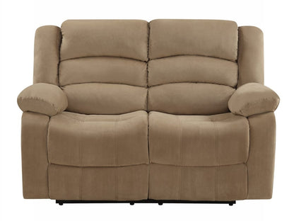 Beige microfiber manual reclining loveseat by BACKUPMYFILESNOW®, featuring plush cushions and armrests for comfortable seating.