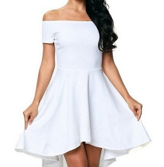 One-shoulder short sleeve dress with a large swallowtail skirt in an elegant flowing silhouette