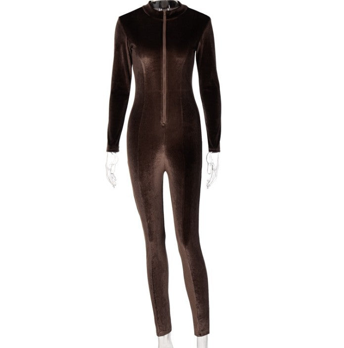Women's long sleeve velvet skinny jumpsuit with zipper and slim-fit one-piece pants in solid color