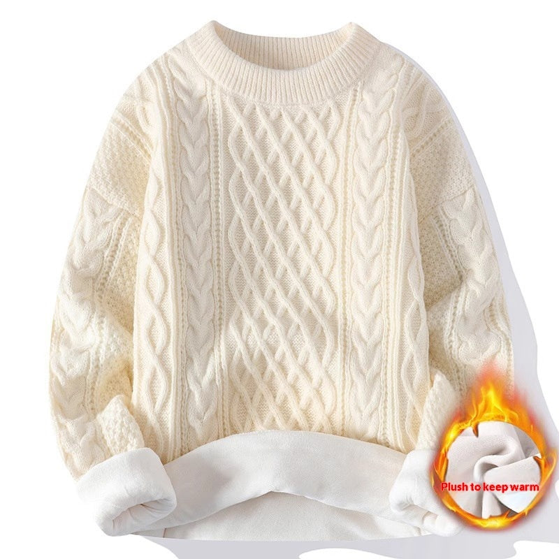 Round-neck high-neck fleece-lined solid-color sweater by My Store, front view