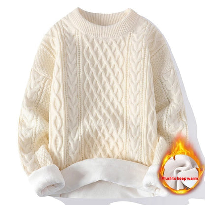 Round-neck high-neck fleece-lined solid-color sweater by My Store, front view