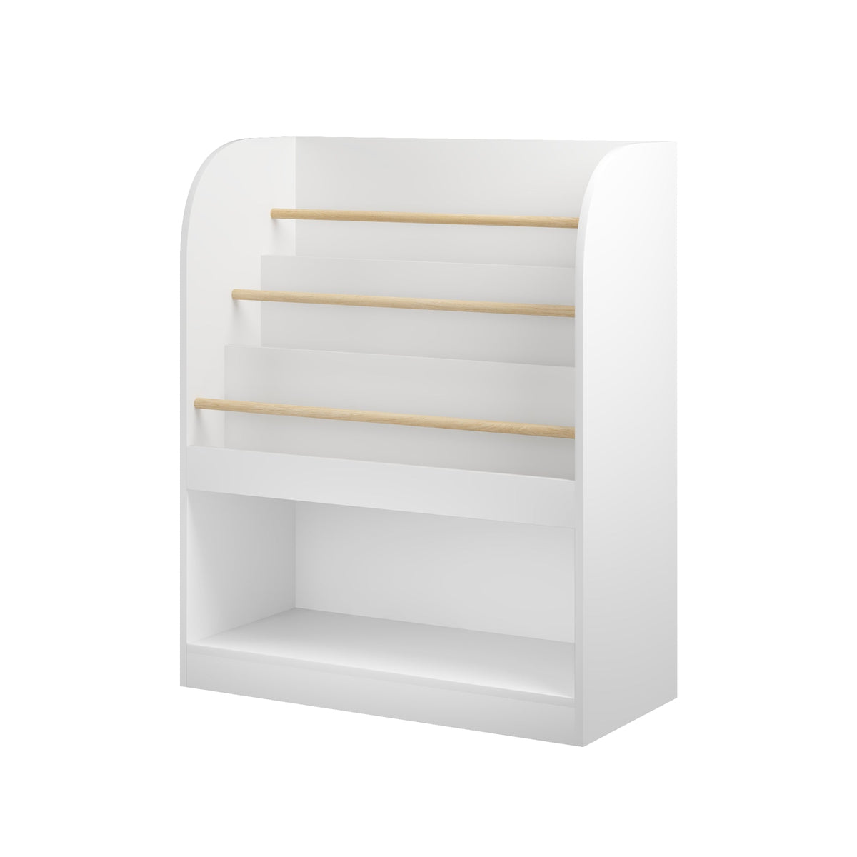 Kids bookshelf by GBruno Store with 3-tier front-facing display and toy storage, featuring colorful shelves and organized compartments.