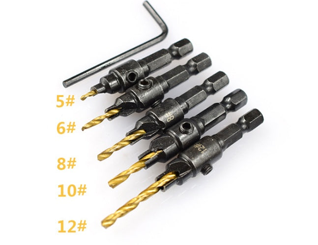 Five-piece titanium woodworking countersink drill set for creating clean recessed holes in wood