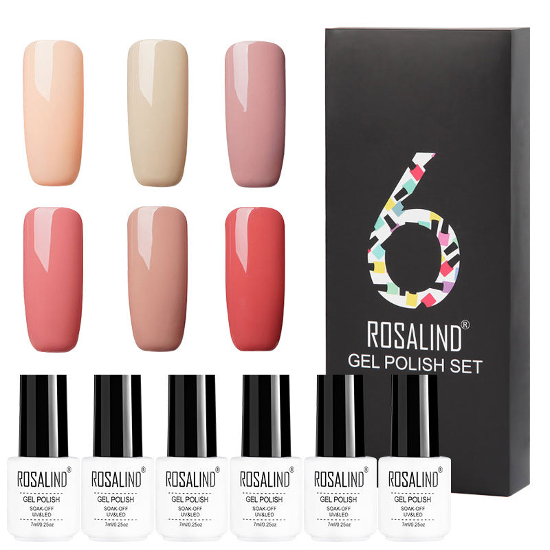 Six-color solid gel polish set in a gift box for manicure, featuring assorted nail polish shades
